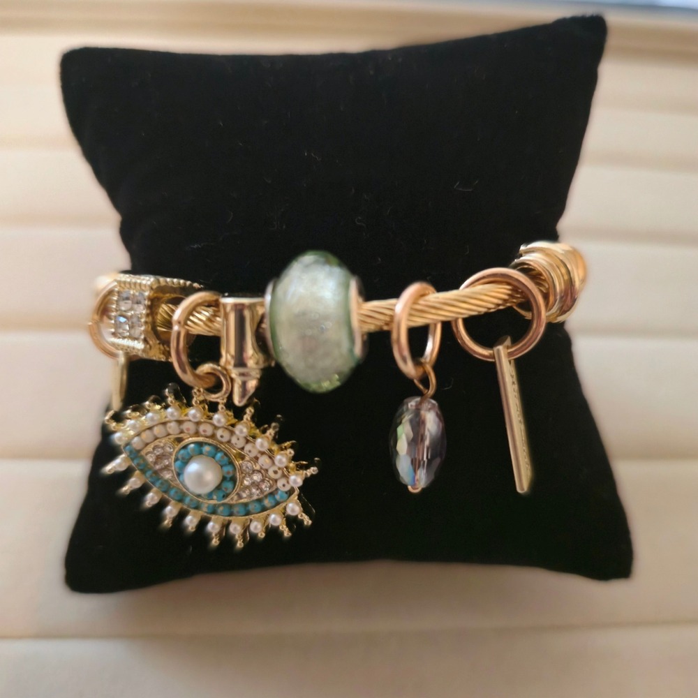 14K Gold Plated Evil Eye Charm Bangle Stainless Steel Cable Bracelet